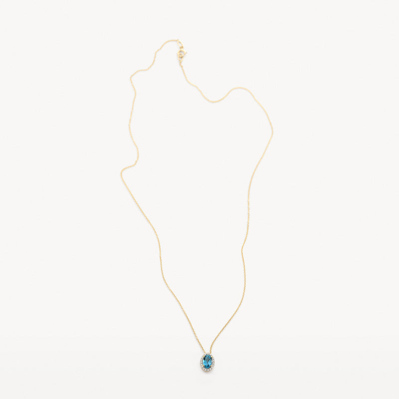 Diamanten collier van 14k geel goud met Londen blauwe topaas en fijne schakelketting.