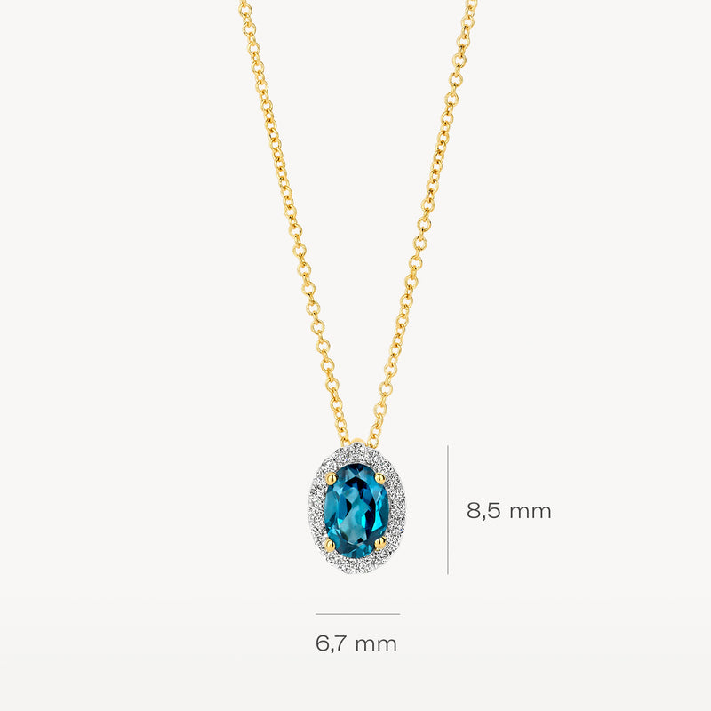 14k geel gouden collier met ovale Londen blauwe topaas en diamanten omlijsting.