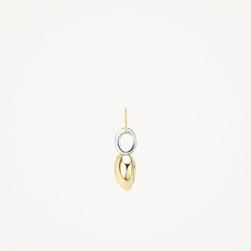 Bicolor hanger van 14k geel en wit goud met glanzende zirkonia ring en gouden druppelvorm.