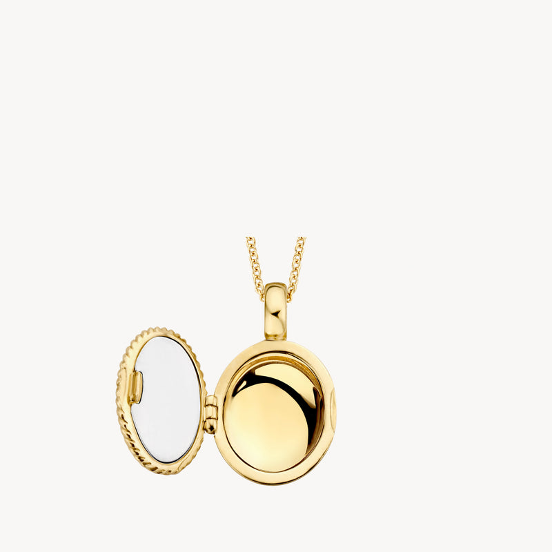 Rond medaillon van 14k geelgoud met opengeklapte deksel en ketting.