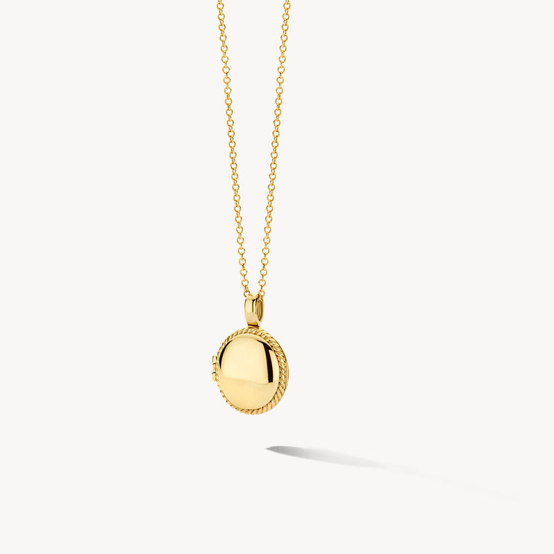 14k geelgouden medaillon met fijne ketting en subtiele geribbelde rand.