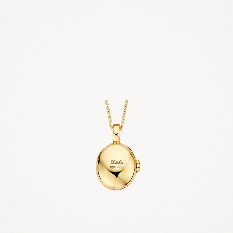 Rond medaillon van 14k geelgoud met gravure en kleine sluiting detail.