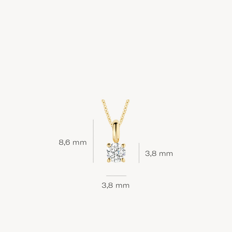 Hanger 6092YZI in 14k geel goud met ronde witte zirkonia van 3,8 mm en ketting.