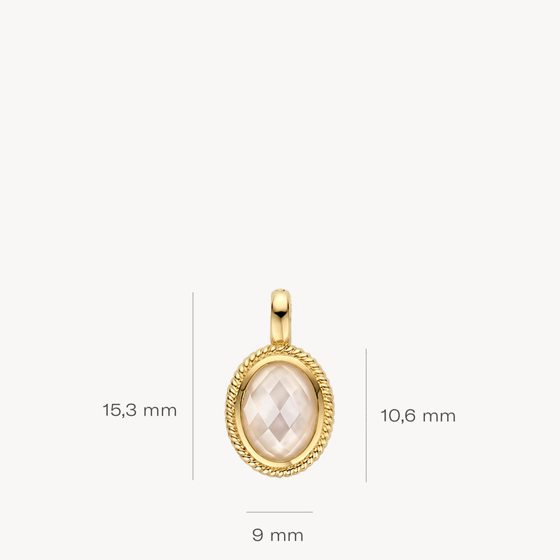 14k Goud hanger met ovale parelmoer en bergkristal, 15,3 x 10,6 mm, fijne randdetail.