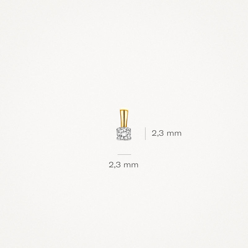 Solitair diamanten hanger 2,3 mm in 14k geel goud met 14k wit goud zetting.