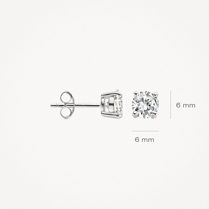 Oorknop van 14k wit goud met ronde zirkonia van 6 mm diameter.