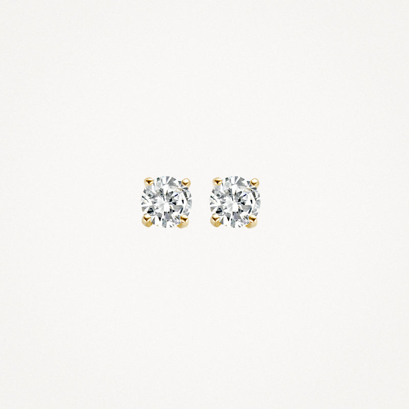 Oorknoppen van 14k geelgoud met ronde zirkonia in vierkante zetting.