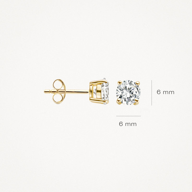 Oorknopjes van 14k geelgoud met ronde zirkonia van 6 mm diameter.