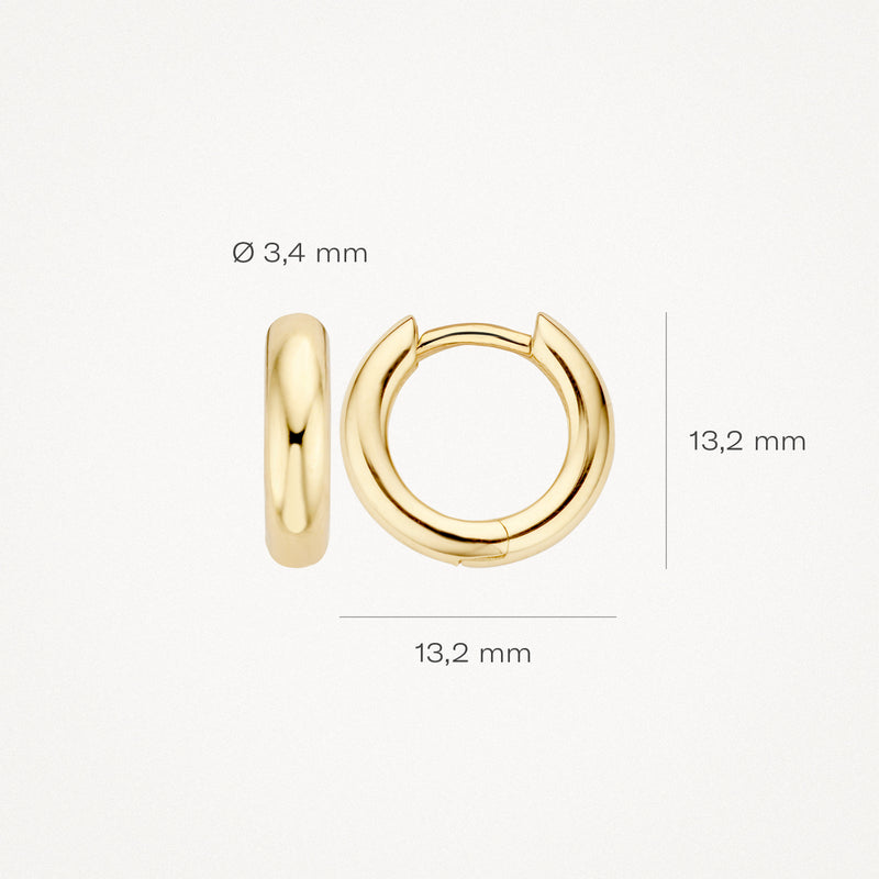 Ronde oorringen van 14k geelgoud met gepolijste afwerking, diameter 13,2 mm.