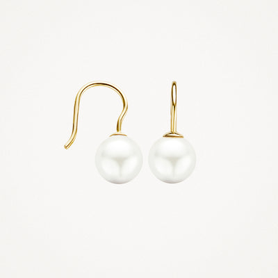 14k geelgouden oorbellen met ronde witte Swarovski parels en haaksluiting.
