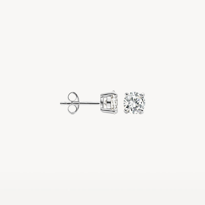 Oorknoppen van 14k wit goud met ronde zirkonia en vierkantsluiting.