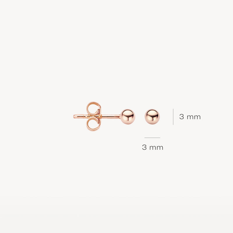 Oorknoppen van 14k roségoud met bolvormige kop van 3 mm diameter en stop achterzijde.