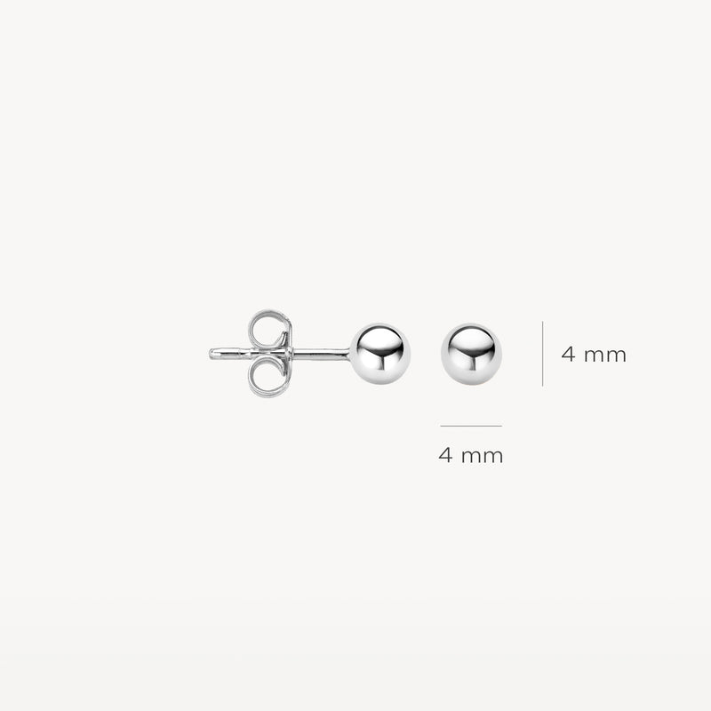 Oorknoppen van 14k wit goud, bolvormig met een diameter van 4 mm.