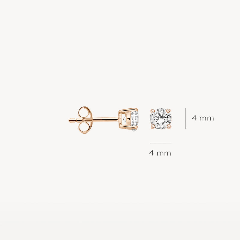 14k Rosé goud oorknopje met ronde zirkonia steen van 4 mm.