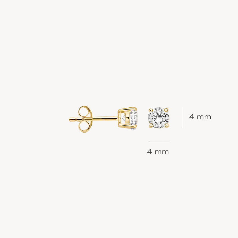 Oorknop van 14k geelgoud met 4mm zirkonia steen en sluiting.