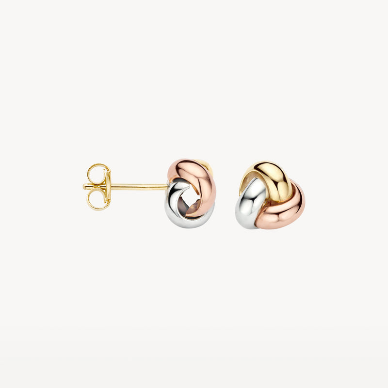 Bicolor oorknoppen met 14k wit, rosé en geel goud in knoopvorm.