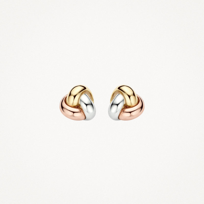 Bicolor oorknoppen van 14k wit, rosé en geelgoud met gedraaide vorm.