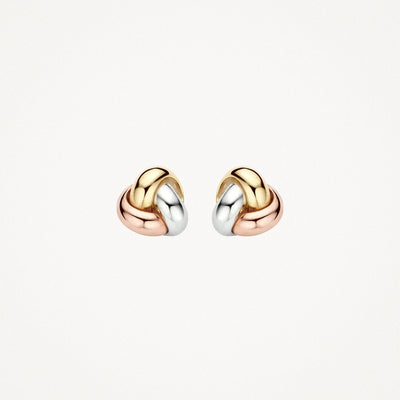 Bicolor oorknoppen van 14k wit, rosé en geelgoud met gedraaide vorm.