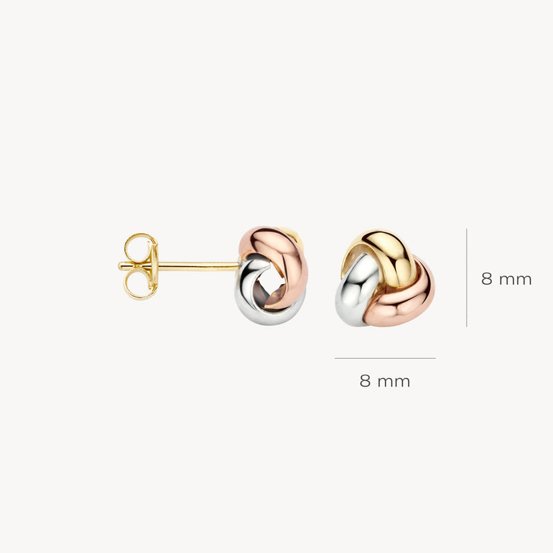 Bicolor oorknop van 14k goud met wit, rosé en geelgoud in gevlochten design, 8 mm.