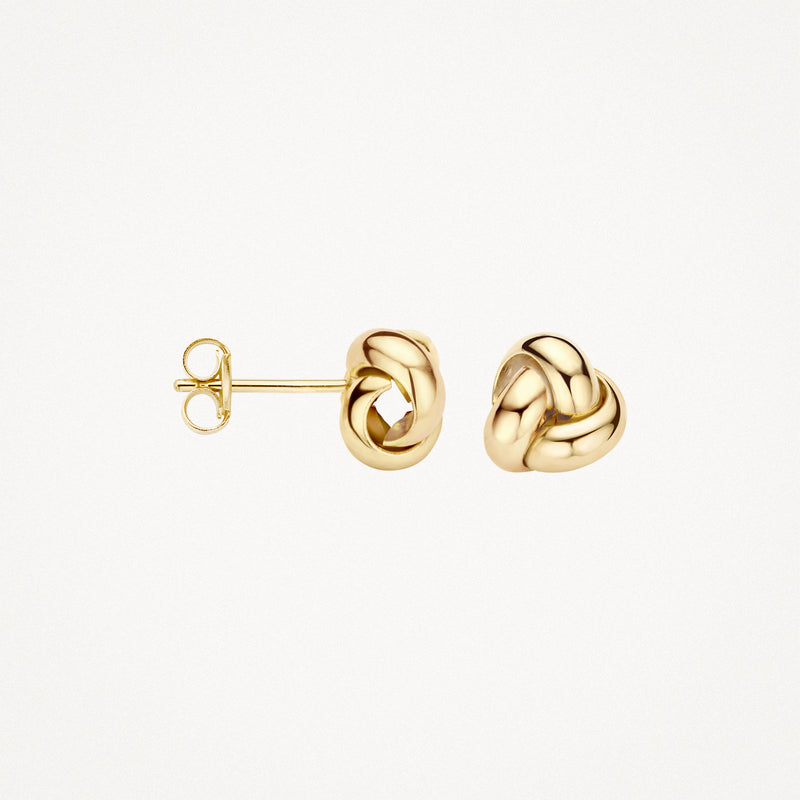 14k geelgouden oorknop met knoopvormige design en glanzende afwerking.