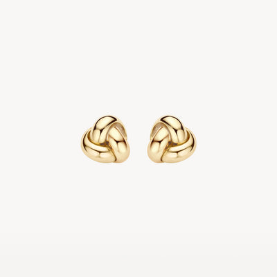 Oorknoppen in 14k geelgoud met knoopdesign en glanzende afwerking.