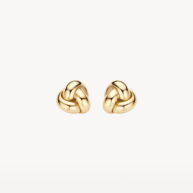 Oorknoppen in 14k geelgoud met knoopdesign en glanzende afwerking.