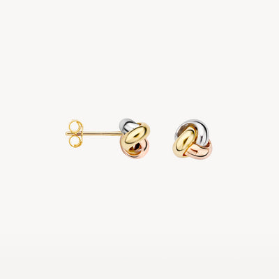 Oorknoppen van bicolor 14k goud met wit, rosé en geel goud in knoopvorm.