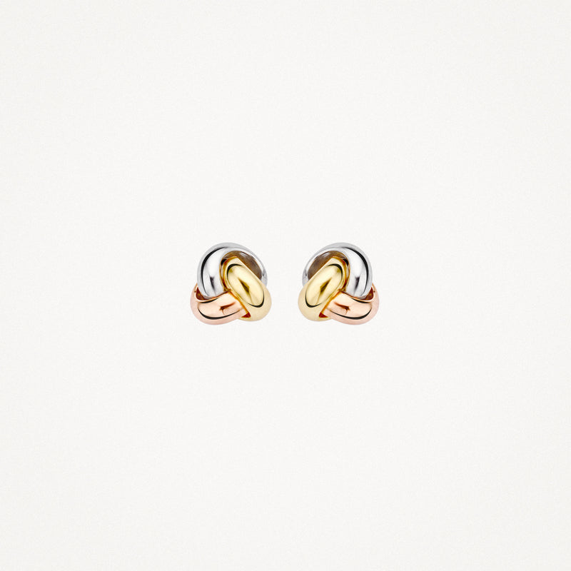 Bicolor oorknoppen van 14k goud met witte, rosé en geelgoud in knoopvorm.