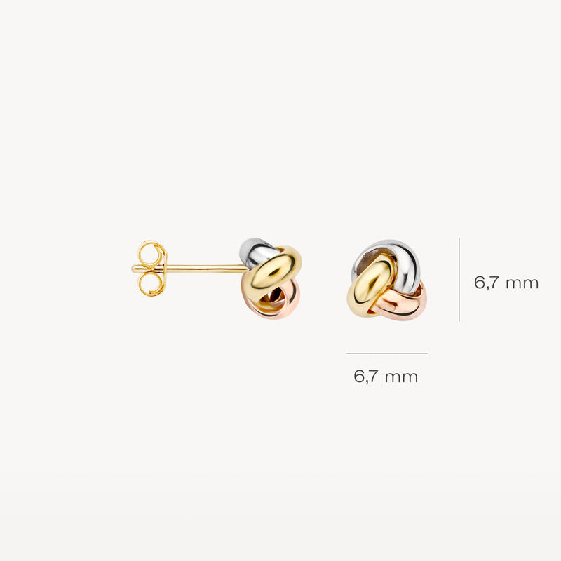 Oorknopjes van 14k goud in wit, rosé en geel met knoopdetail, 6,7 mm breed.