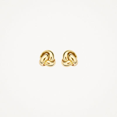 Glinsterende 14k geelgouden oorknoppen met knoopvormig design.