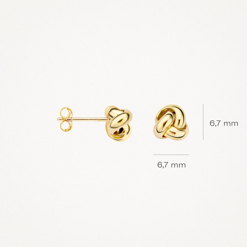 Oorknoppen van 14k geelgoud met knoopdetail, 6,7 mm diameter.
