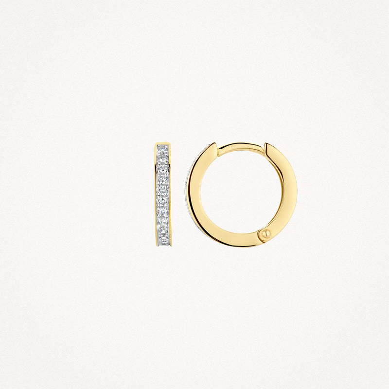 Oorringen met 14k wit goud en zirkonia's, smalle bicolor goudring met glitterende stenen.