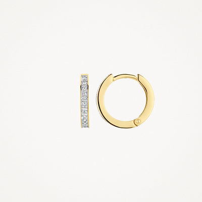 Oorringen met 14k wit goud en zirkonia's, smalle bicolor goudring met glitterende stenen.