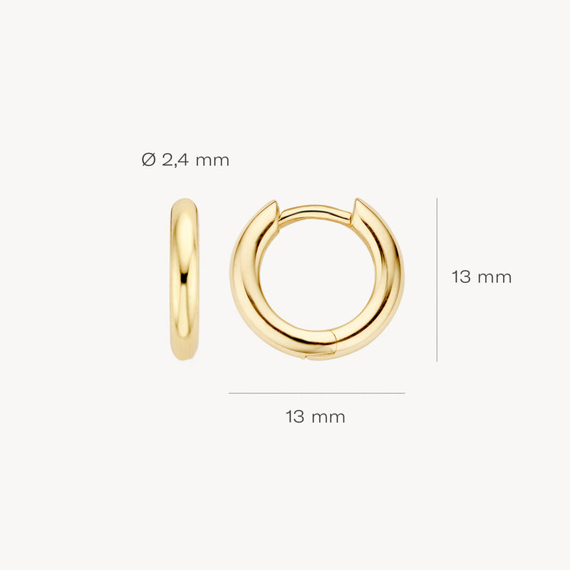 Oorringen van 14k geelgoud, 13 mm diameter en 2,4 mm breedte.