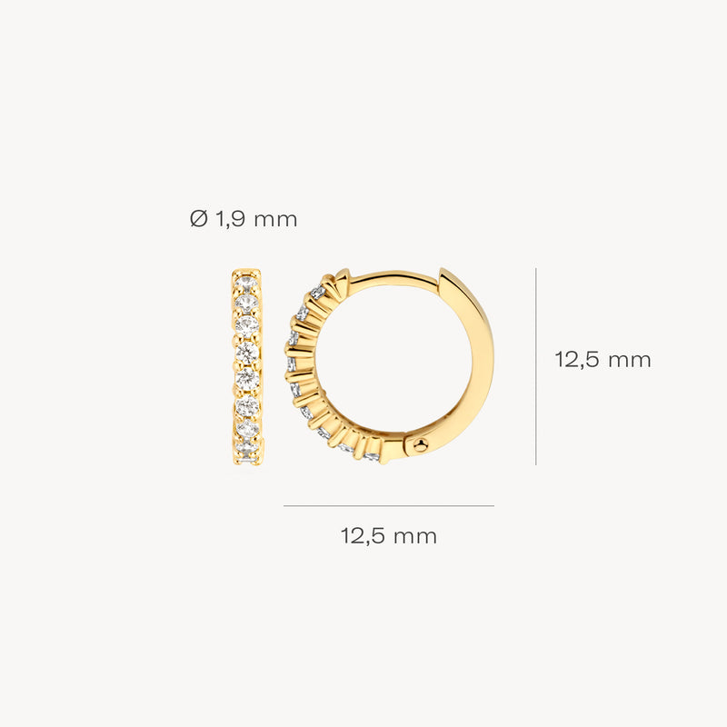 Oorringen van 14k geelgoud met zirkonia, 12,5 mm diameter en 1,9 mm breedte.