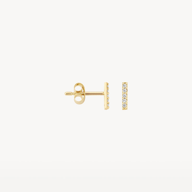 14k geelgouden oorknoppen met rij zirkonia stenen en goudkleurige sluiting.