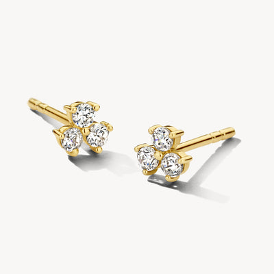 14k geelgouden oorknoppen met drie kleine zirkonia steentjes per stuk.
