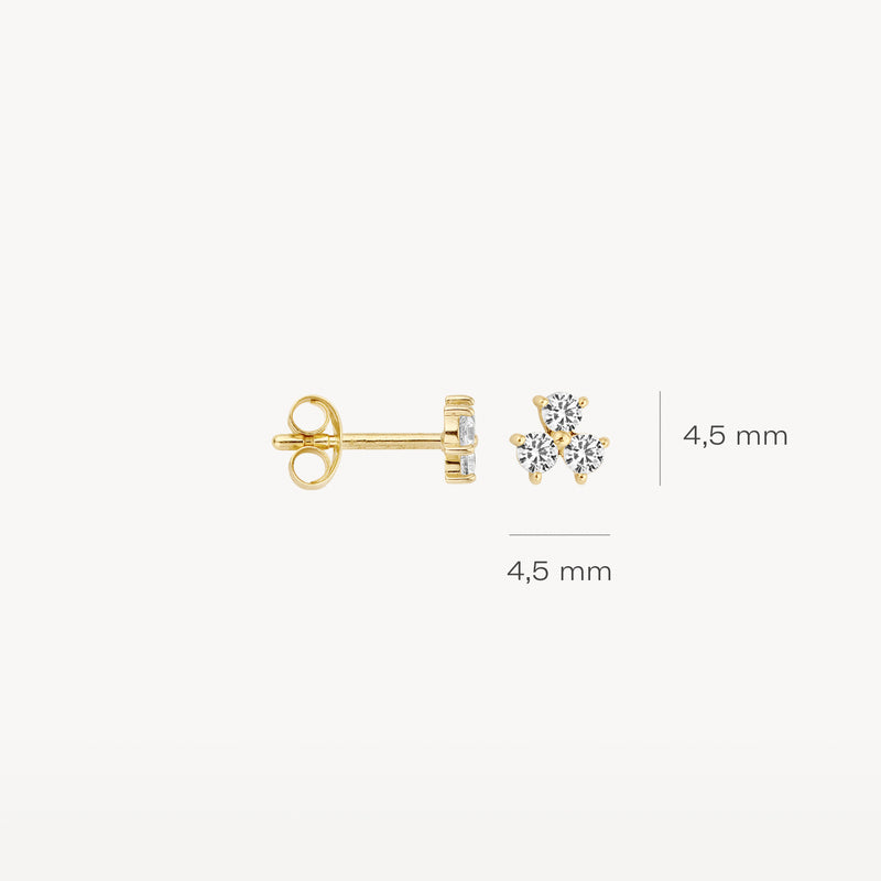 14k geelgouden oorknopje met drie zirkonia en 4,5 mm diameter.