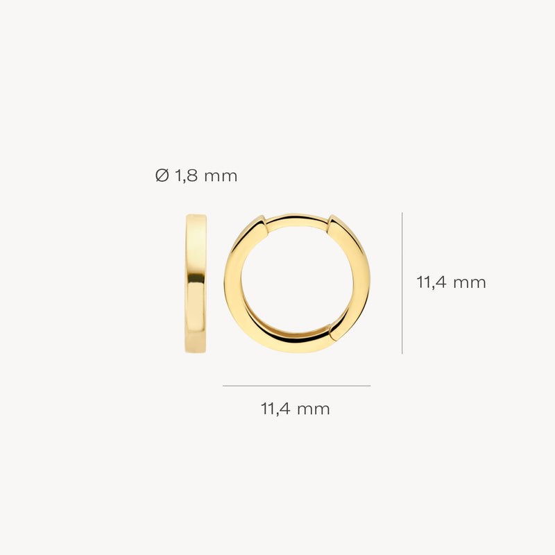 Ronde oorringen van 14k geel goud, 11,4 mm diameter en 1,8 mm breed.