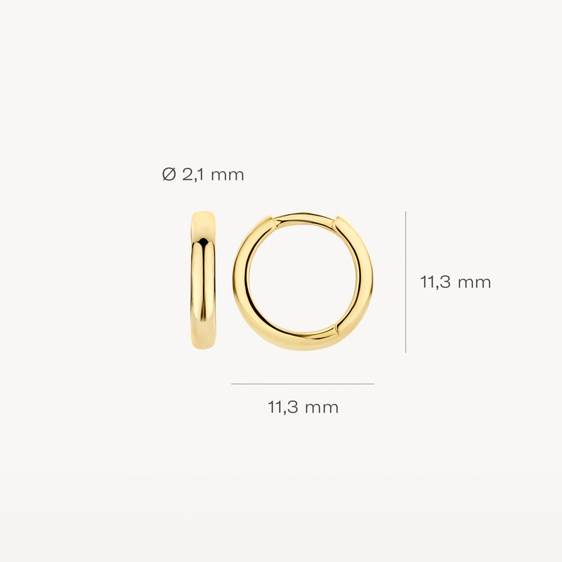 14k geelgouden oorringen met 11,3 mm diameter en 2,1 mm breedte.