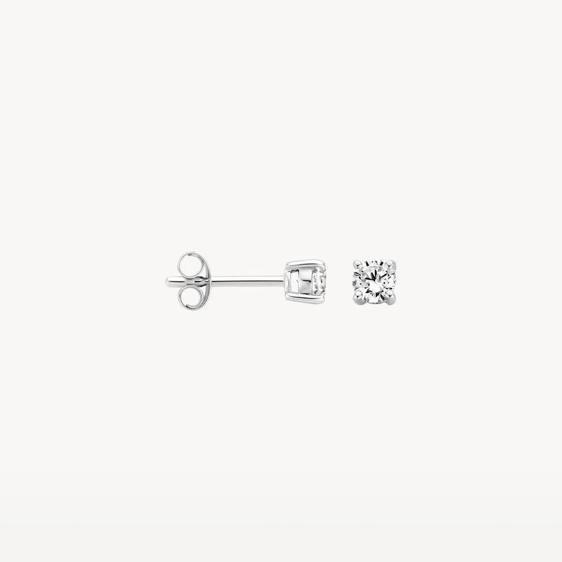 14k witgouden oorknop met ronde zirkonia in zetting.