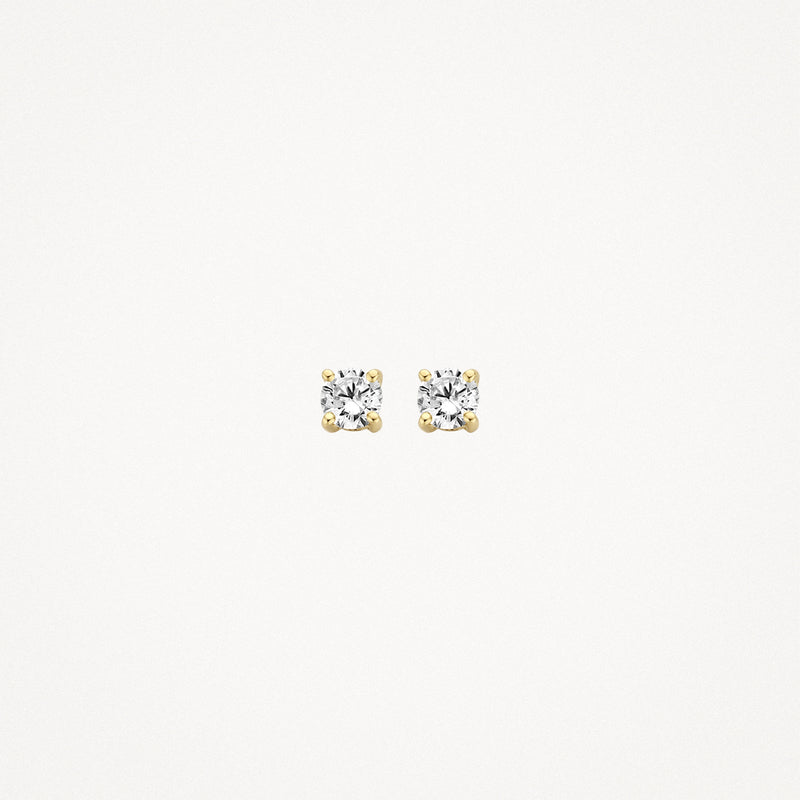 Puces d'oreilles en or jaune 14k avec des pierres blanches étincelantes, petites et carrées.