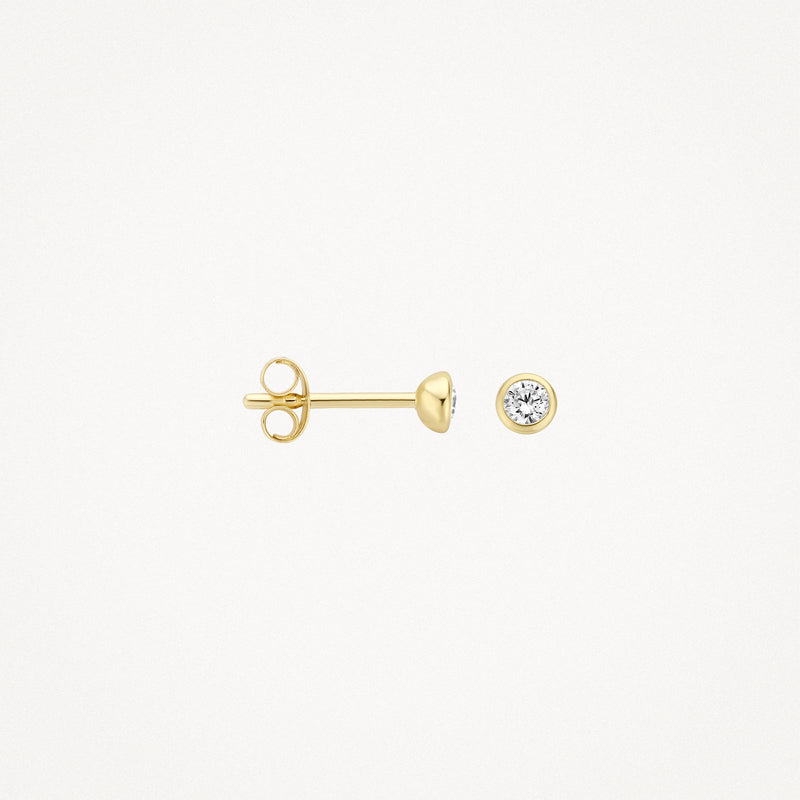 Oorknop van 14k geelgoud met ronde zirkonia-steen en gladde achterzijde.