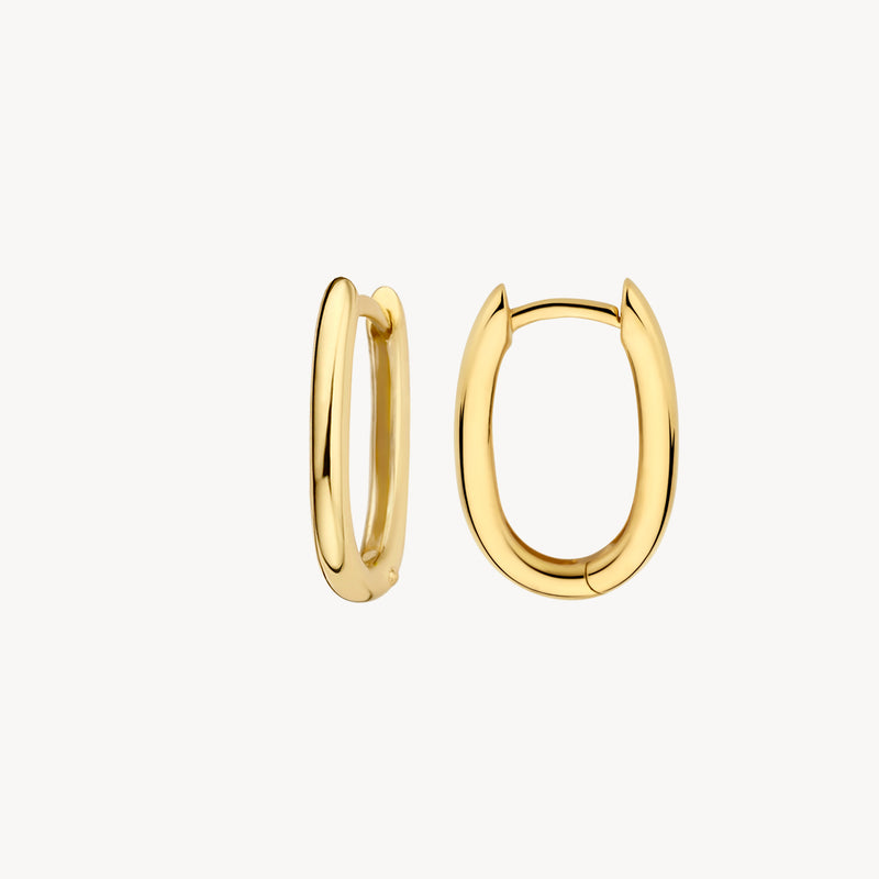 14k geelgouden oorringen met ovale vorm en glanzende afwerking.