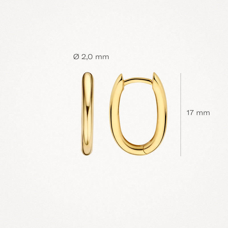 Gouden oorringen van 14k goud met ovaalvorm en 17 mm lengte, 2 mm dikte.