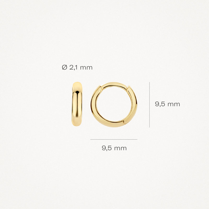 Oorringen van 14k geelgoud met een diameter van 9,5 mm en breedte van 2,1 mm.