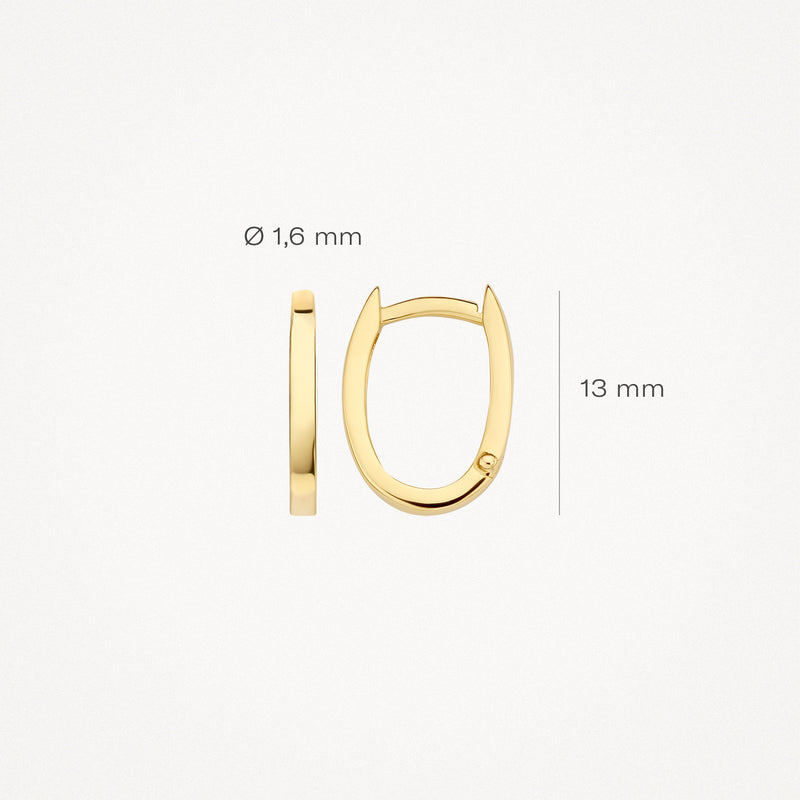 14k geelgouden oorringen met gladde afwerking, 13 mm lang en 1,6 mm breed.