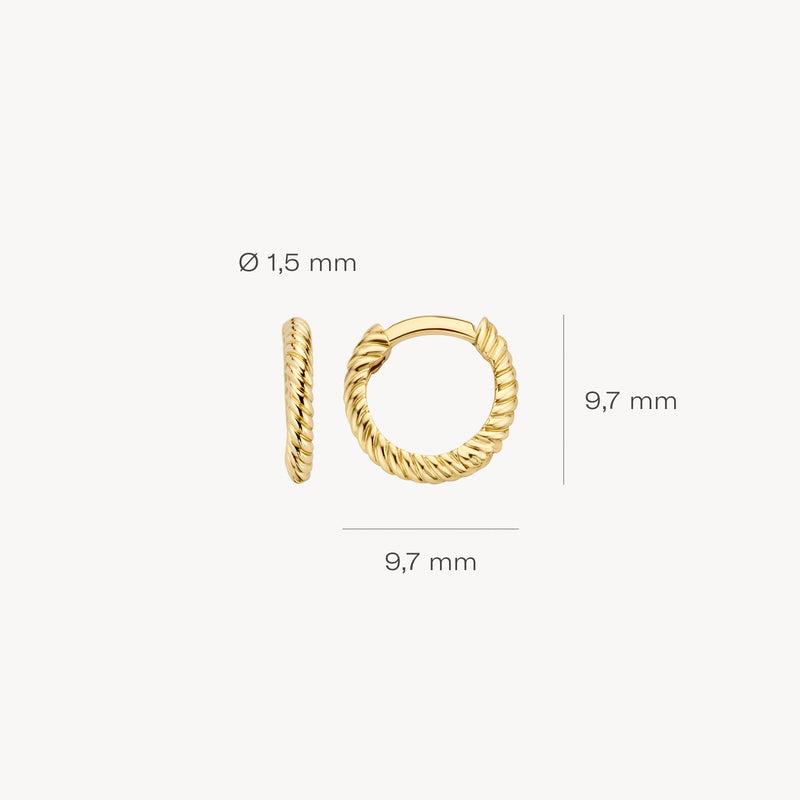 Oorringen van 14k geel goud met gedraaide textuur, diameter 9,7 mm, breedte 1,5 mm.