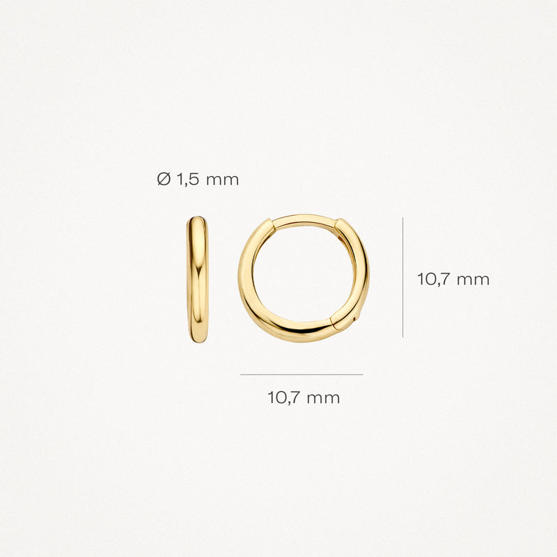 Oorringen van 14k geelgoud, diameter 10,7 mm, dikte 1,5 mm, glad design.