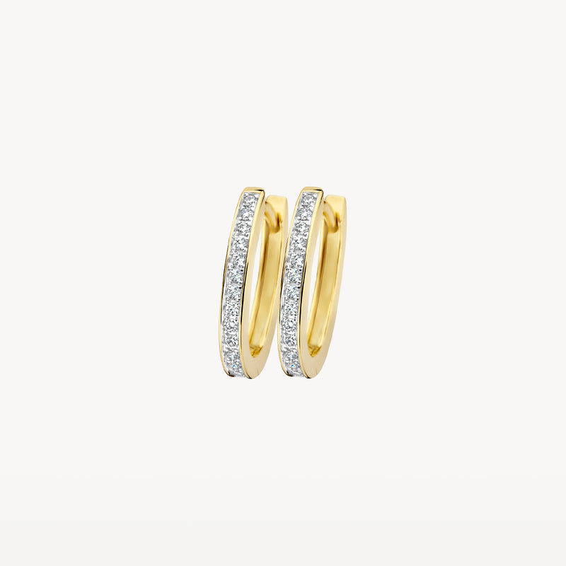 14k goud oorringen met ingebedde witte zirkonia en bicolor witgoud accenten.
